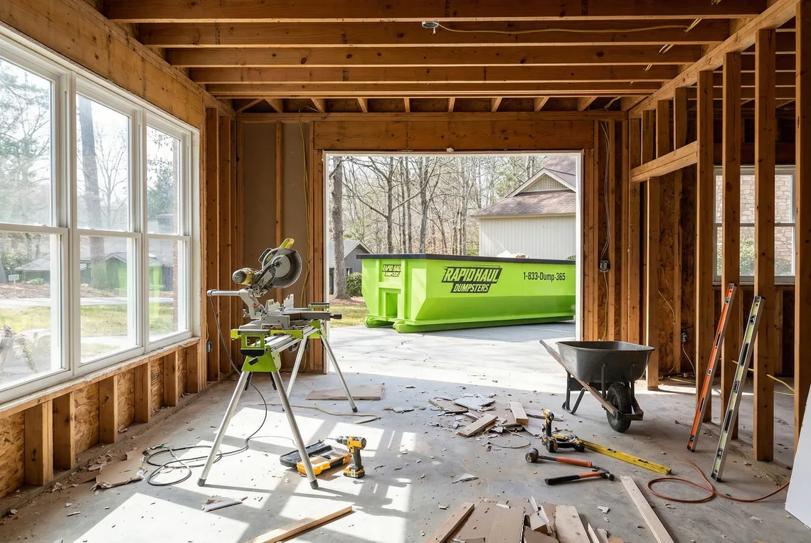 Interior of a Charlotte home renovation with drywall debris and construction tools, a lime green Rapid Haul dumpster visible through the window on the driveway