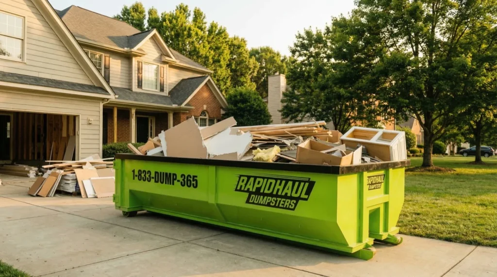 Lime green Rapid Haul dumpster filled with renovation debris on a Charlotte NC residential driveway at golden hour