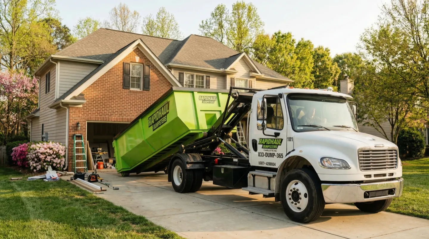 Rapid Haul delivery truck dropping off a lime green roll-off dumpster at a Charlotte NC home