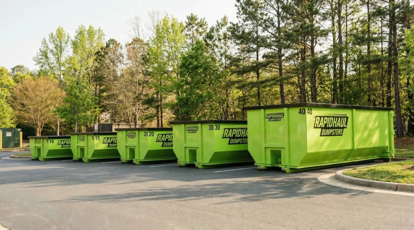 Rapid Haul dumpsters in five sizes from 10-yard to 40-yard lined up in a Charlotte NC yard