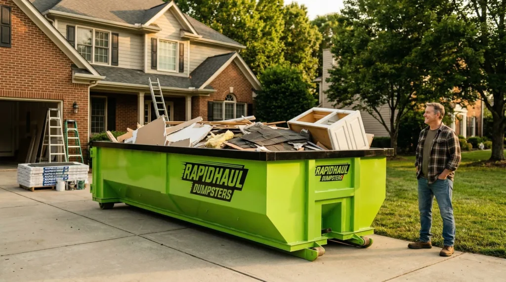 Homeowner standing next to a Rapid Haul Dumpsters green roll-off dumpster filled with renovation debris on a residential driveway in Charlotte NC