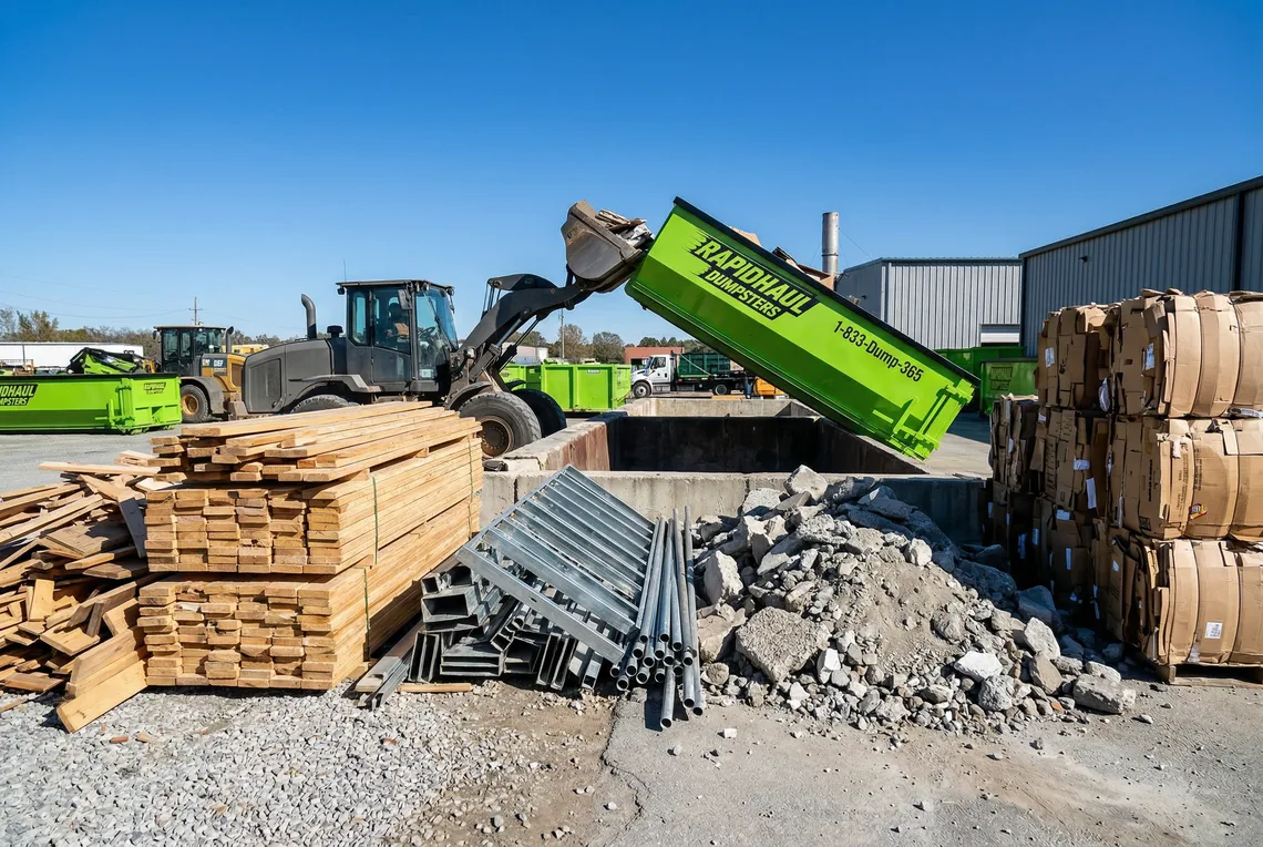 Construction debris sorted into recycling piles at a waste facility with a lime green Rapid Haul dumpster being unloaded