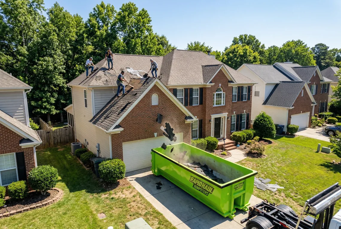 Roofing crew tearing off shingles on a Charlotte home with debris going into a lime green Rapid Haul dumpster in the driveway