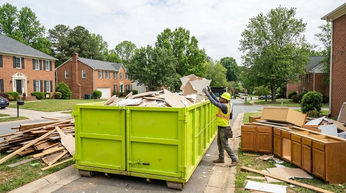 Worker loading construction debris into a roll-off dumpster at a Charlotte area home renovation project