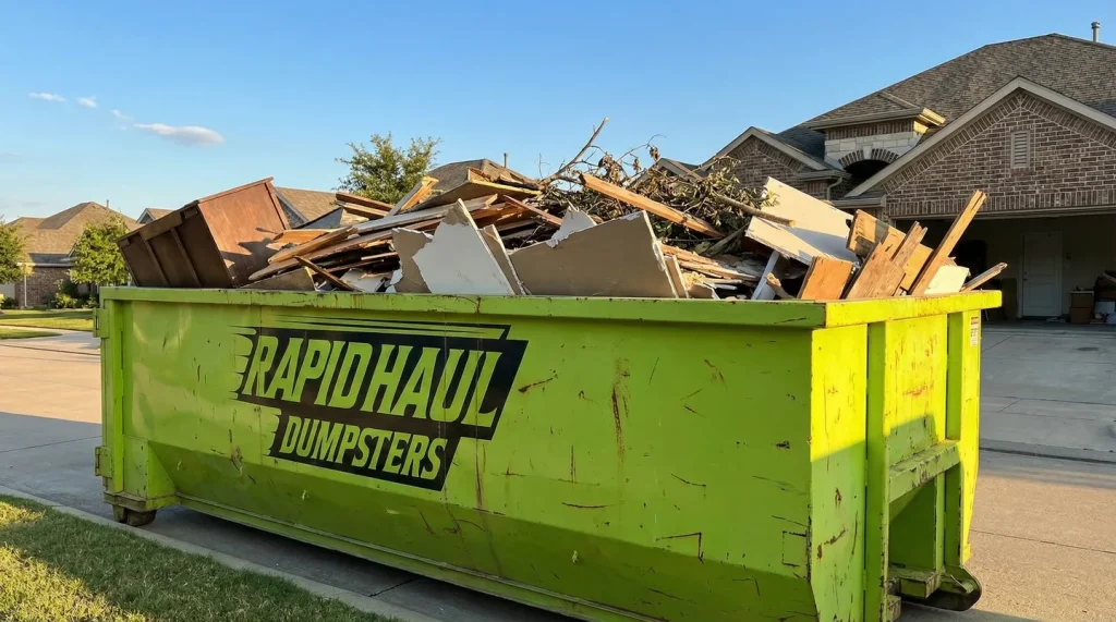 Rapid Haul Dumpsters lime green roll-off dumpster filled with renovation debris in a residential driveway
