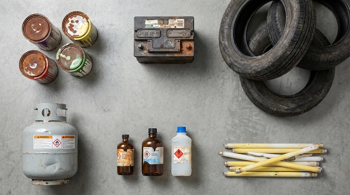 Hazardous waste items including paint cans, batteries, tires, and chemical containers that cannot go in a rental dumpster