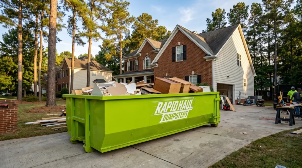 Lime green Rapid Haul roll-off dumpster on a Charlotte NC residential driveway during a home renovation, partially loaded with construction debris