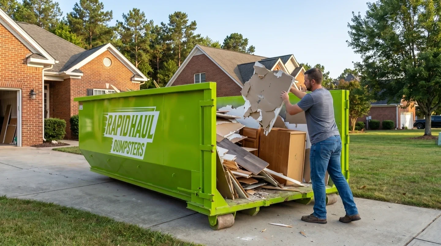 Homeowner loading drywall debris into a lime green Rapid Haul roll-off dumpster on a Charlotte residential driveway during a kitchen renovation