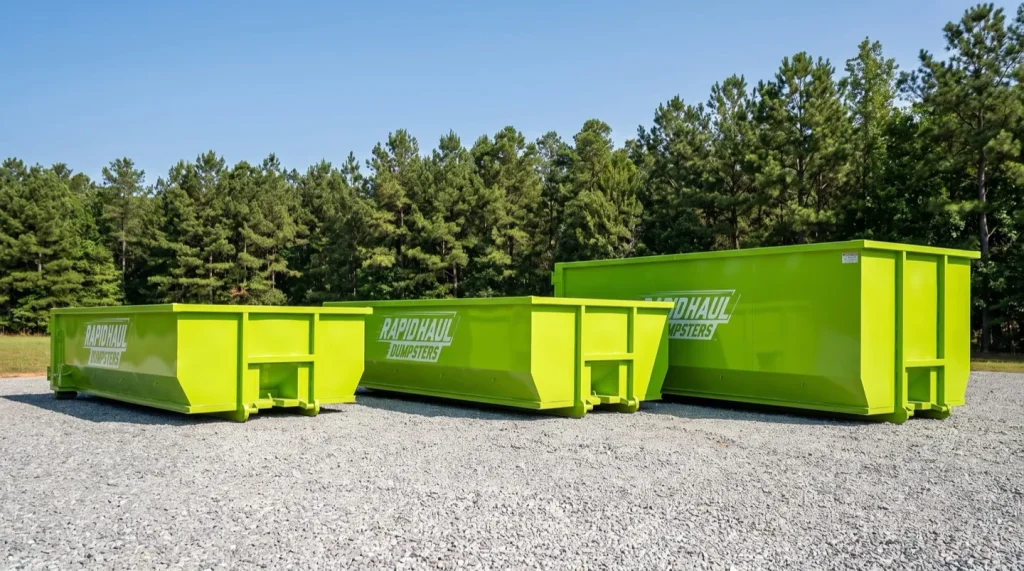 Three lime-green Rapid Haul roll-off dumpsters of different sizes (15, 20, and 40-yard) lined up side by side on a gravel lot in Charlotte NC