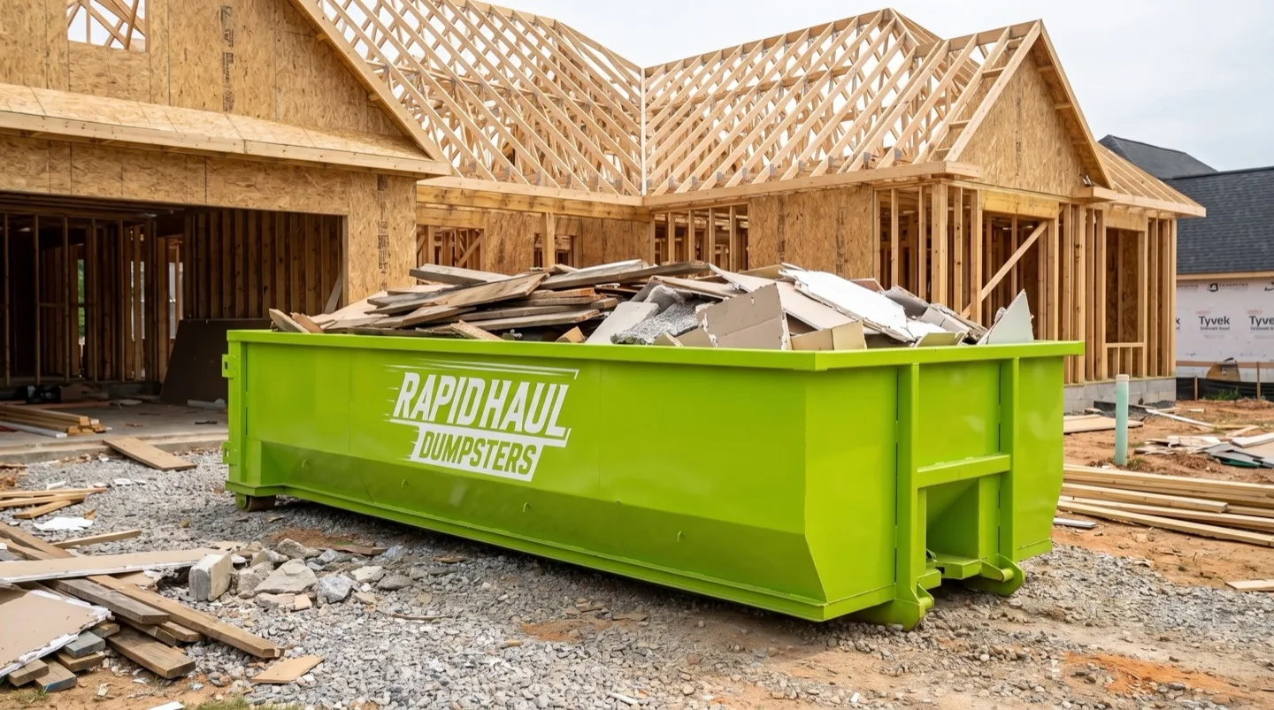 A lime-green Rapid Haul 40-yard roll-off dumpster on a Charlotte construction site filled with renovation debris, illustrating the largest size for full demolition and new-construction projects