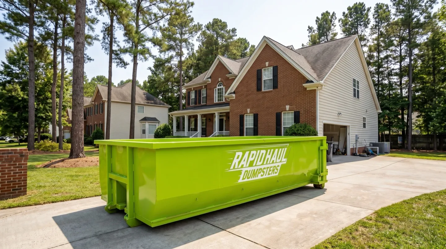 A lime-green Rapid Haul 20-yard roll-off dumpster sitting on a residential Charlotte driveway during a home cleanout, showing how the container fits within a standard two-car driveway
