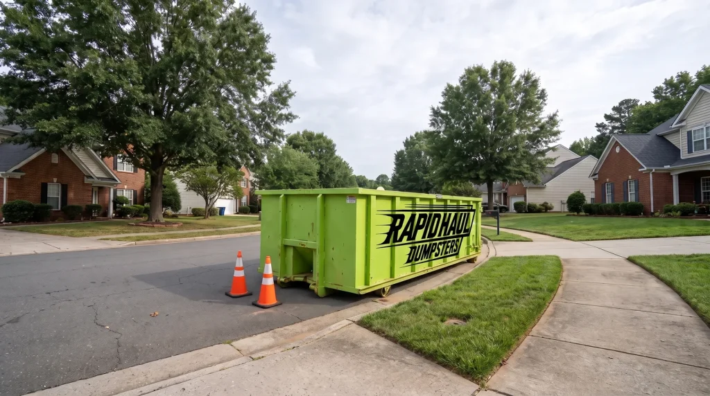 Lime-green Rapid Haul roll-off dumpster at a residential street curb with orange safety cones in a Charlotte, NC neighborhood, illustrating right-of-way permit placement
