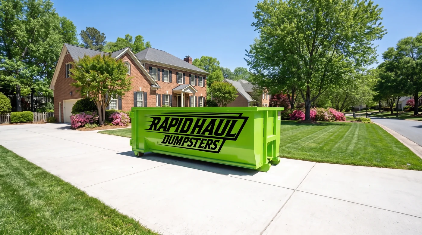A lime-green Rapid Haul roll-off dumpster parked squarely on a residential concrete driveway in a Charlotte, NC neighborhood, showing the no-permit placement option on private property