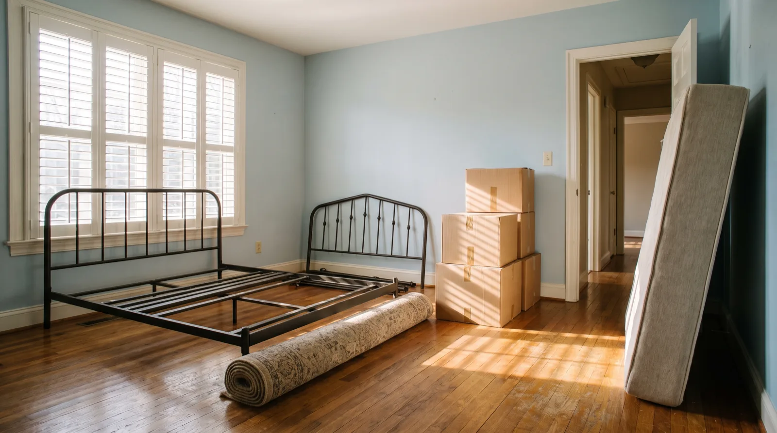 A Charlotte bedroom mid-cleanout with a dismantled bed frame, moving boxes, and a bare mattress leaning in the doorway