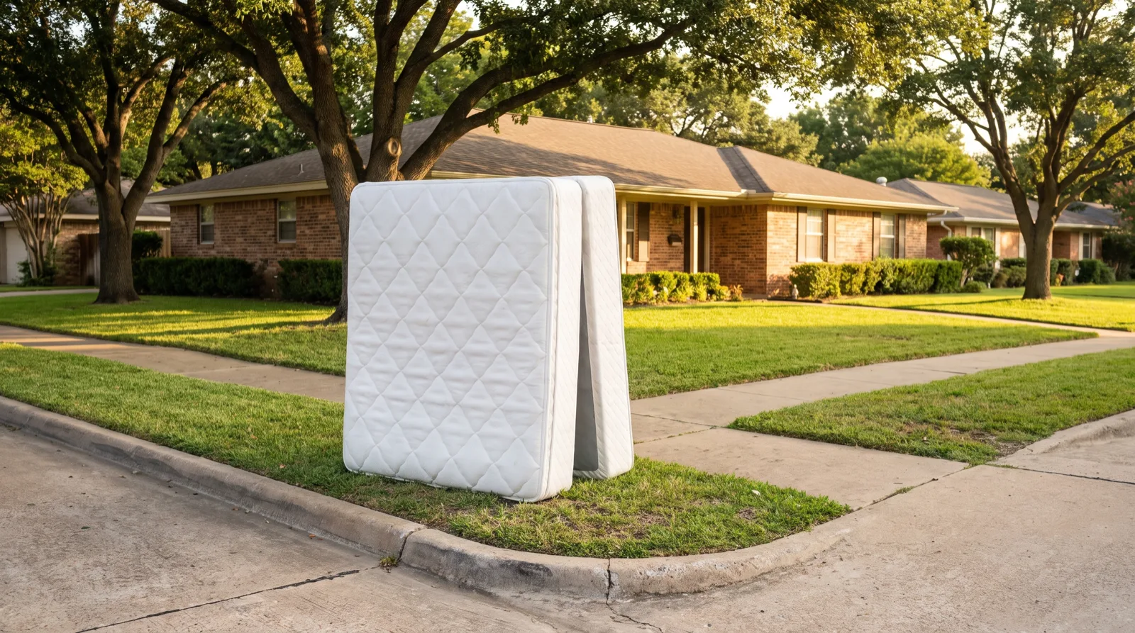 A queen mattress and box spring set out at the curb in front of a brick ranch home in a Charlotte, NC neighborhood