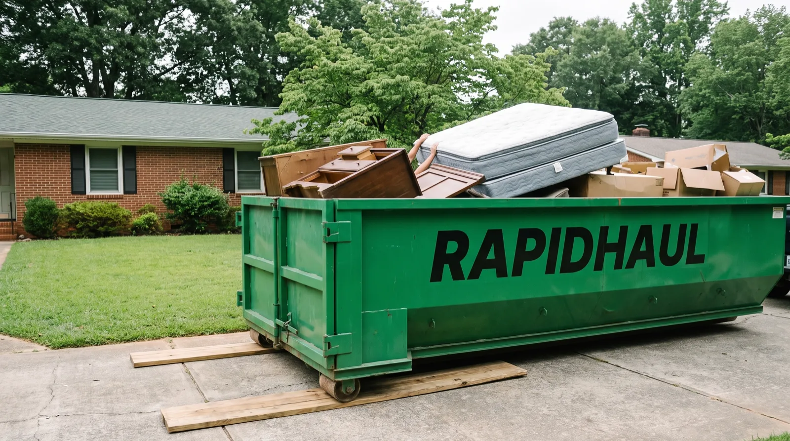 A green Rapid Haul roll-off dumpster in a Charlotte driveway with a mattress, box spring, and old bedroom furniture being loaded in