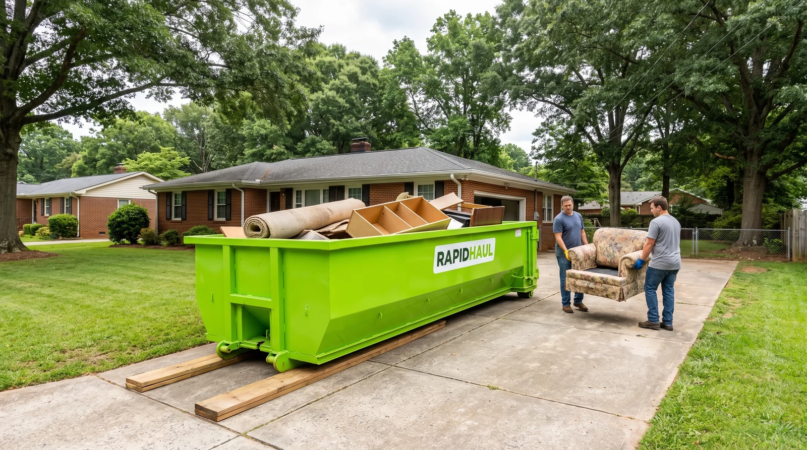 A lime green Rapid Haul roll-off dumpster on the driveway of a Charlotte brick ranch home being loaded with furniture and carpet during an estate cleanout