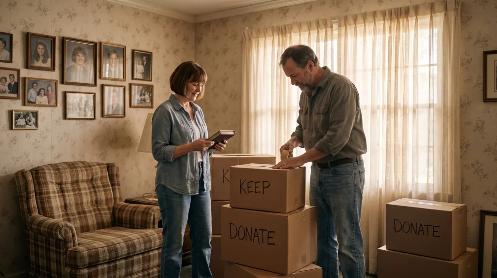 Adult children sorting labeled boxes during an estate cleanout in an older Charlotte, NC home