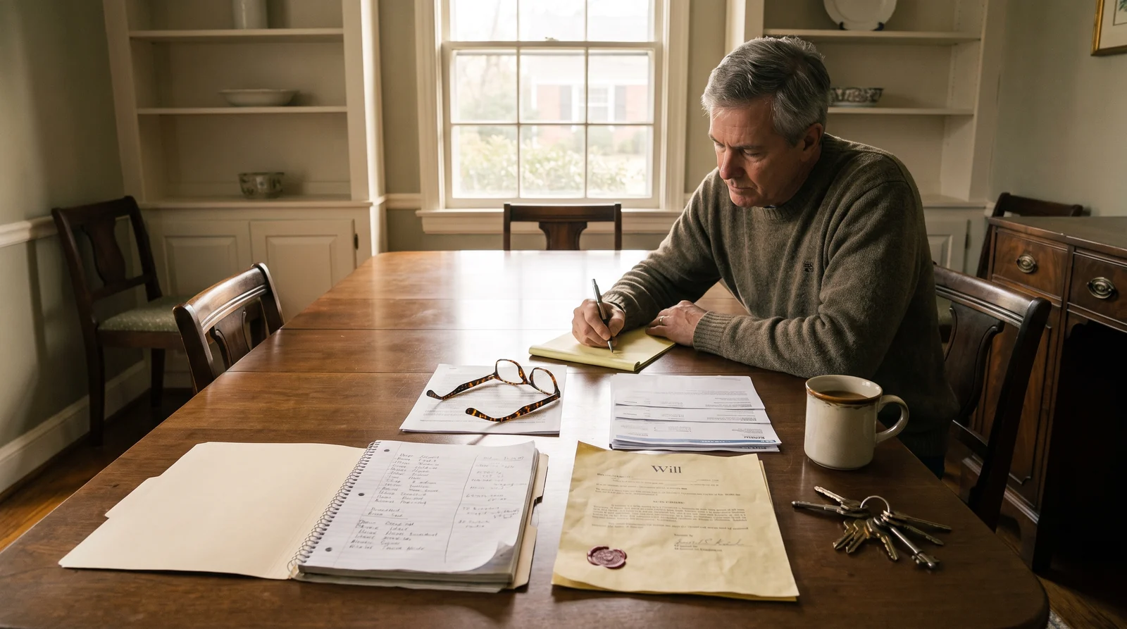 Estate paperwork, a will, house keys, and a handwritten inventory list spread across a dining room table in a Charlotte home
