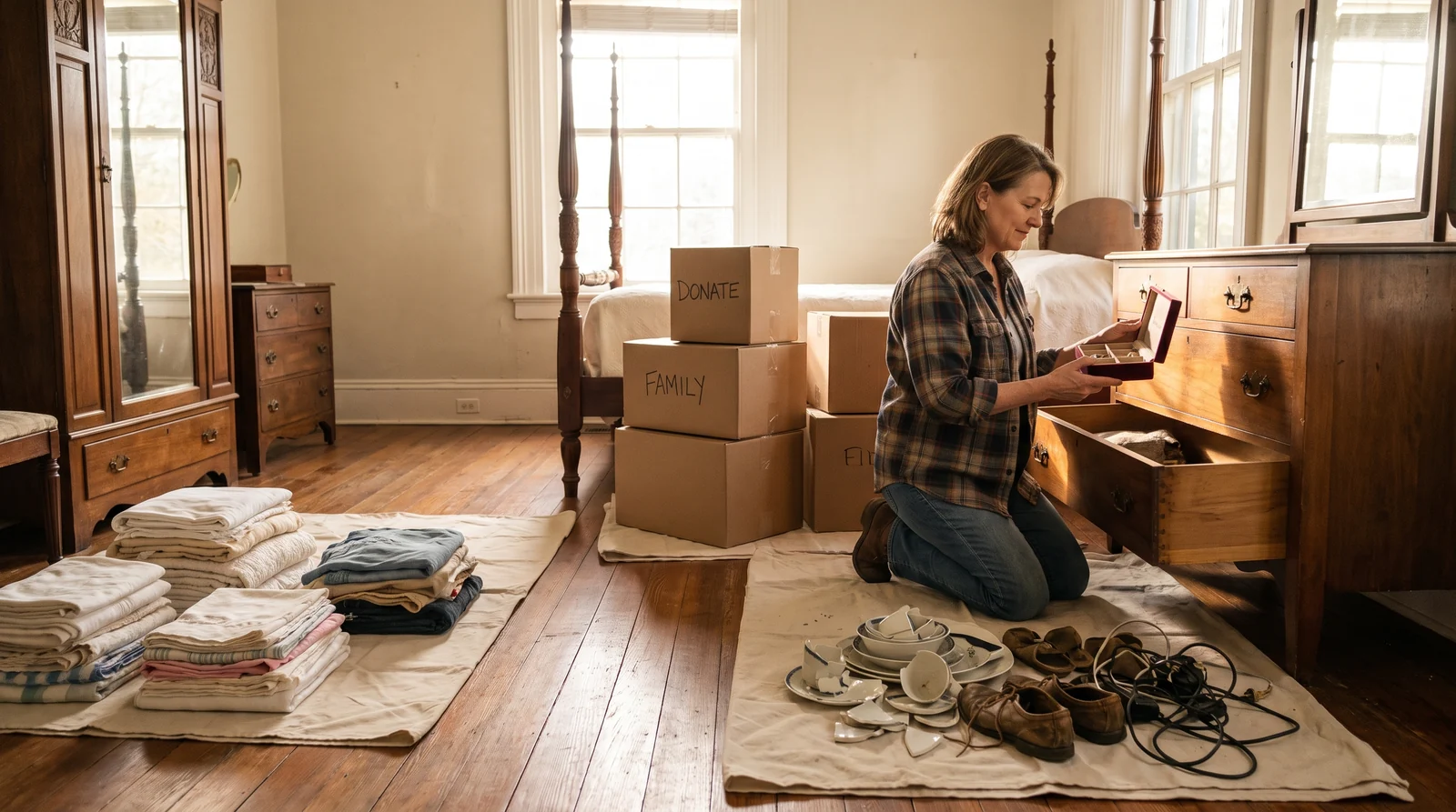 A bedroom in a Charlotte home during an estate cleanout with sorted piles of linens, packed boxes, and discards on drop cloths